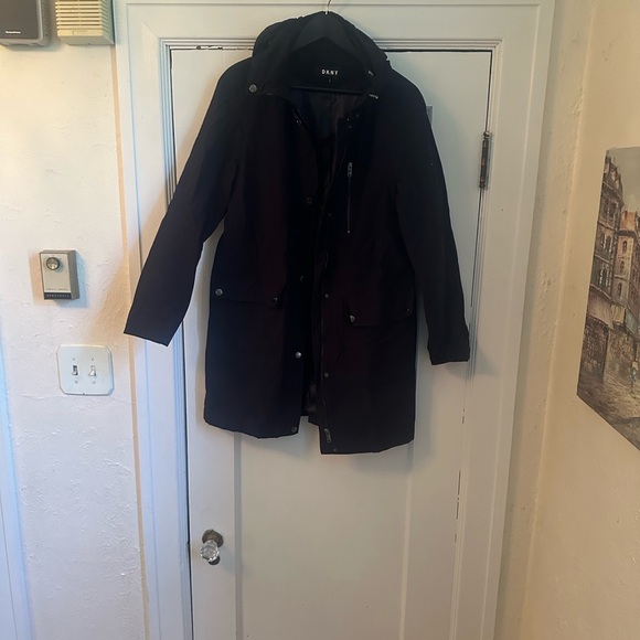 DKNY Hooded Water-Resistant Raincoat Women’s Medium Navy - Picture 6 of 7